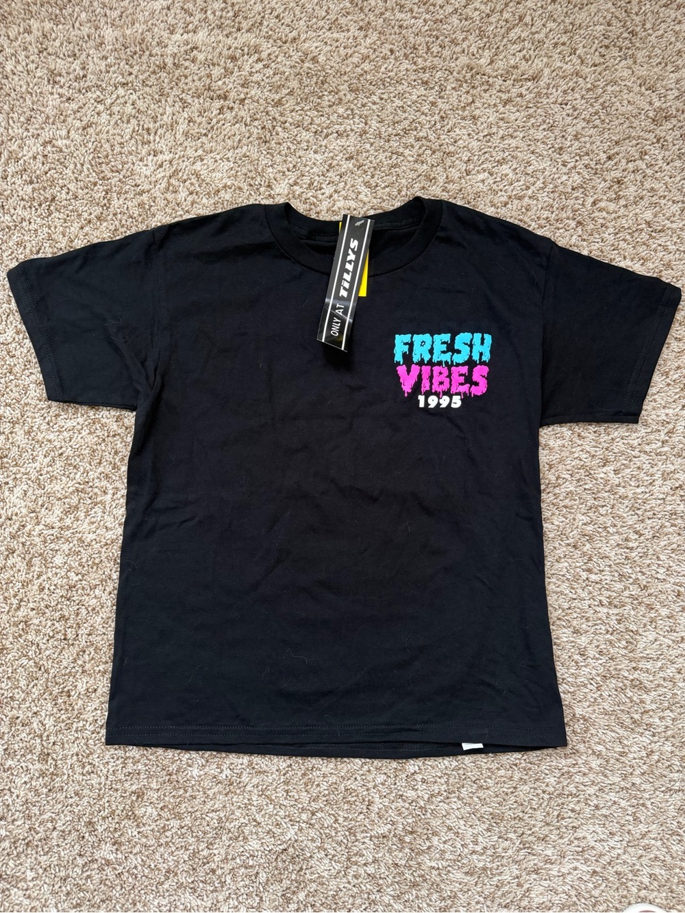 Tilly's Black Short Sleeve Tee with Blue & Pink 'Fresh Vibes' Chest Graphic